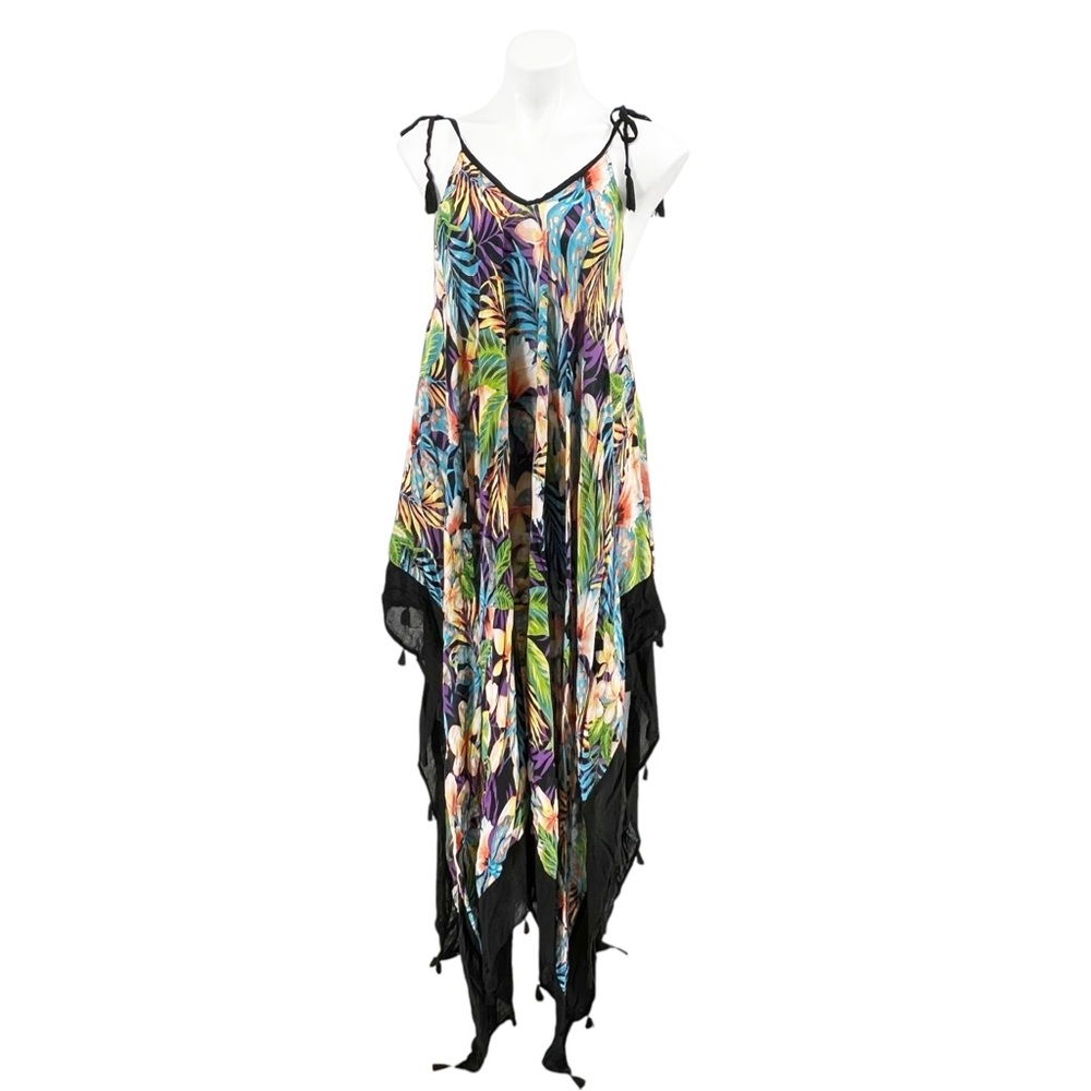 Vince Camuto Tropical Palm Handkerchief Hem Tassel Cover Up Dress One Size - Picture 2 of 9